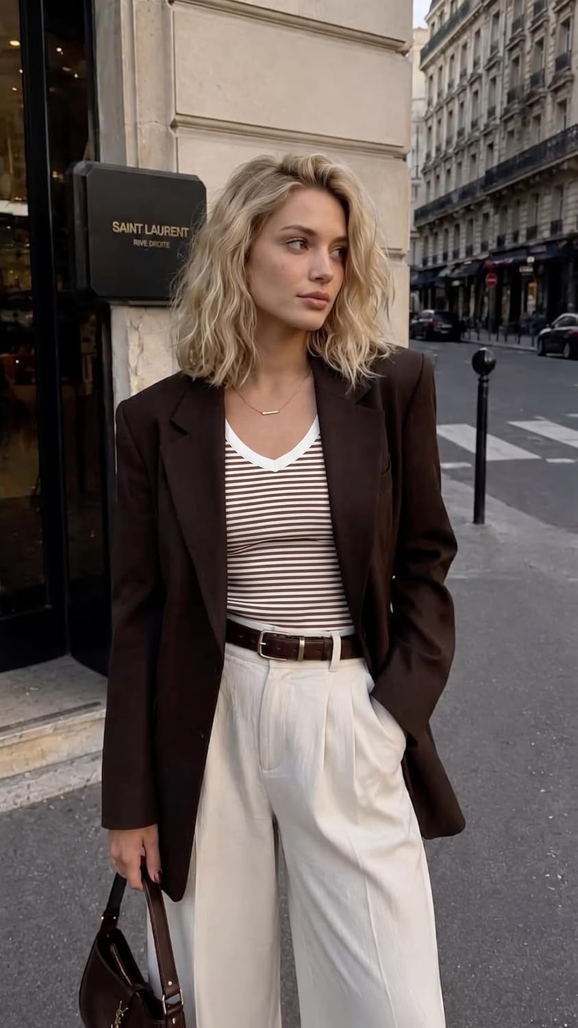 image:imageZeagoo Long Sleeve Shirts for Women V Neck Tops Ribbed Slim Fit Basic TeeBrown White Stripe