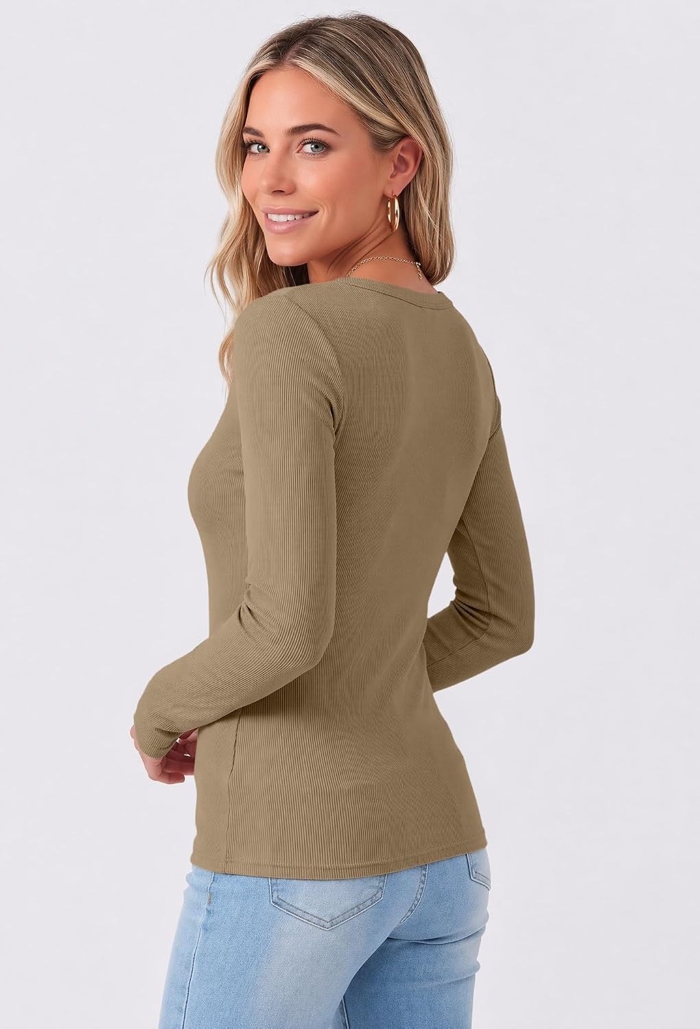 image:imageZeagoo Long Sleeve Shirts for Women V Neck Tops Ribbed Slim Fit Basic TeeKhaki