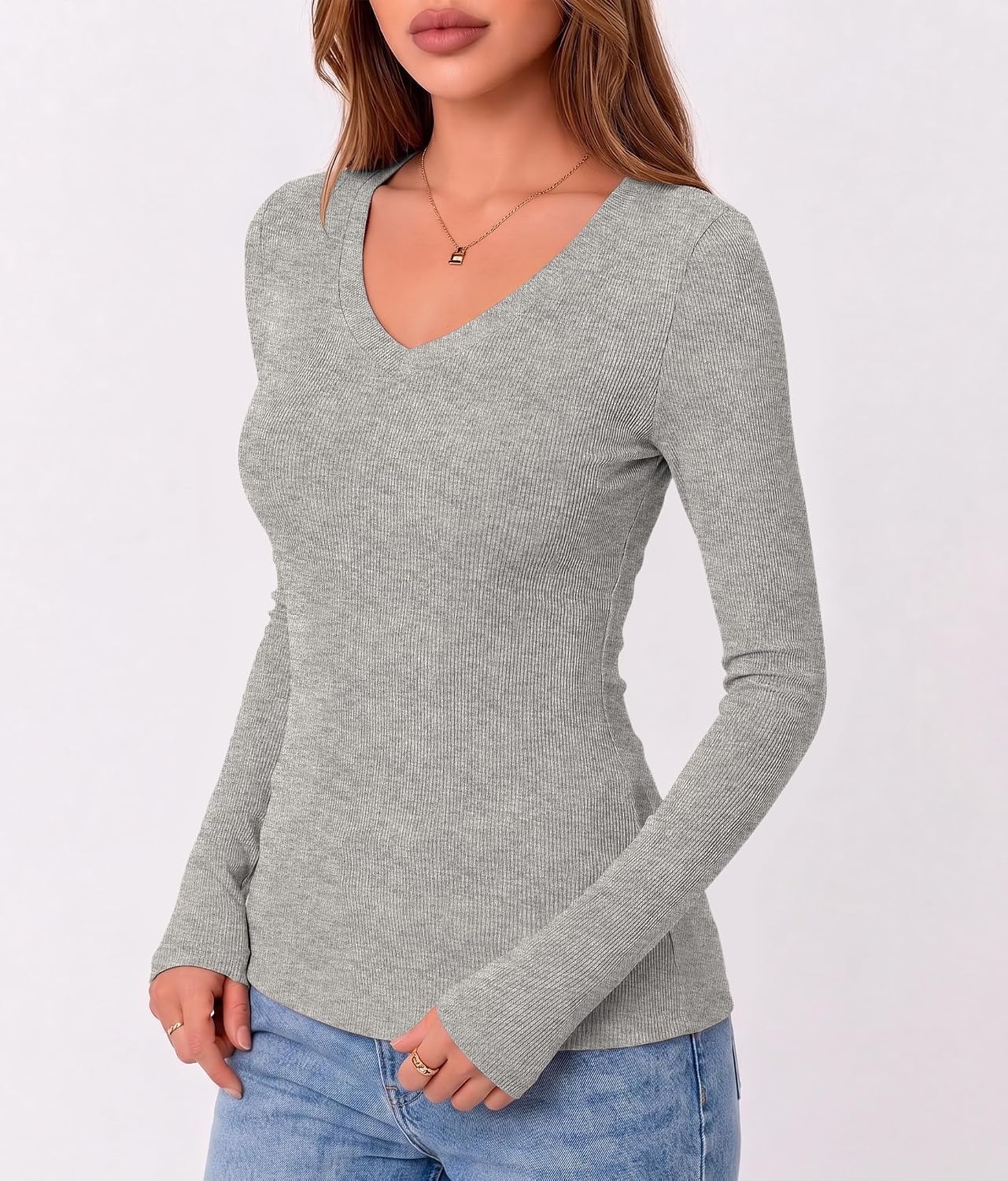 image:imageZeagoo Long Sleeve Shirts for Women V Neck Tops Ribbed Slim Fit Basic TeeLight Grey