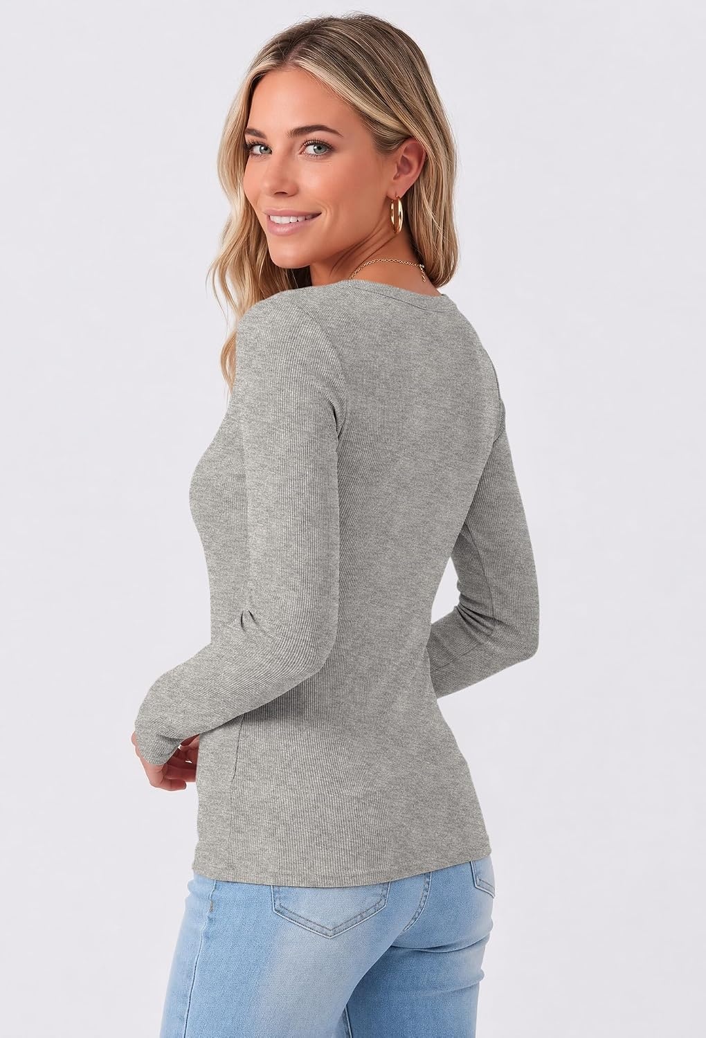 image:imageZeagoo Long Sleeve Shirts for Women V Neck Tops Ribbed Slim Fit Basic TeeLight Grey