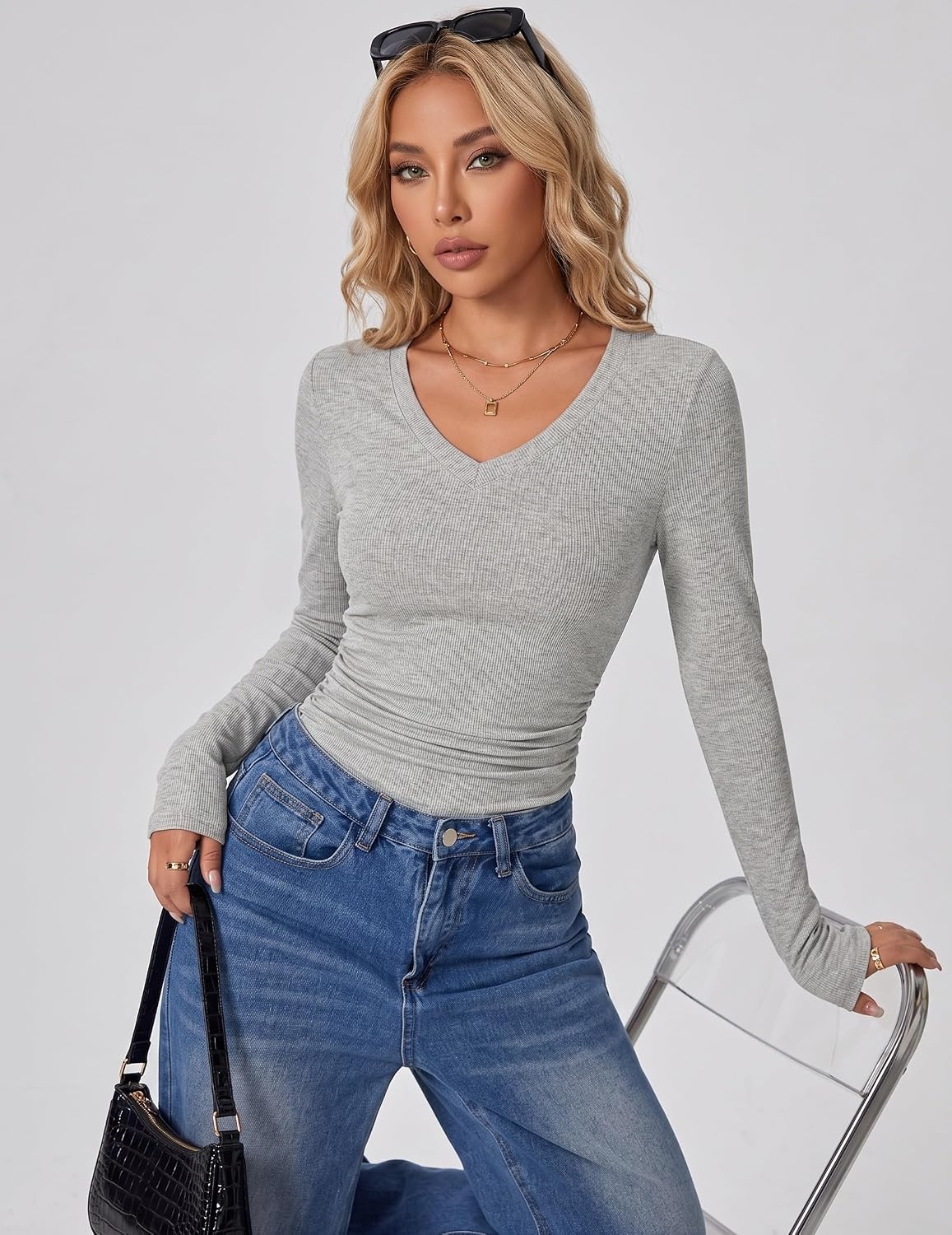 image:imageZeagoo Long Sleeve Shirts for Women V Neck Tops Ribbed Slim Fit Basic TeeLight Grey