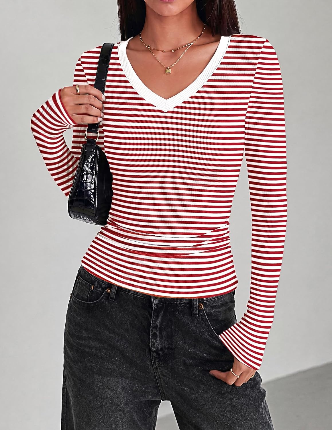 image:imageZeagoo Long Sleeve Shirts for Women V Neck Tops Ribbed Slim Fit Basic TeeRed White Stripe