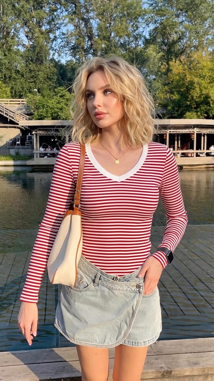 image:imageZeagoo Long Sleeve Shirts for Women V Neck Tops Ribbed Slim Fit Basic TeeRed White Stripe