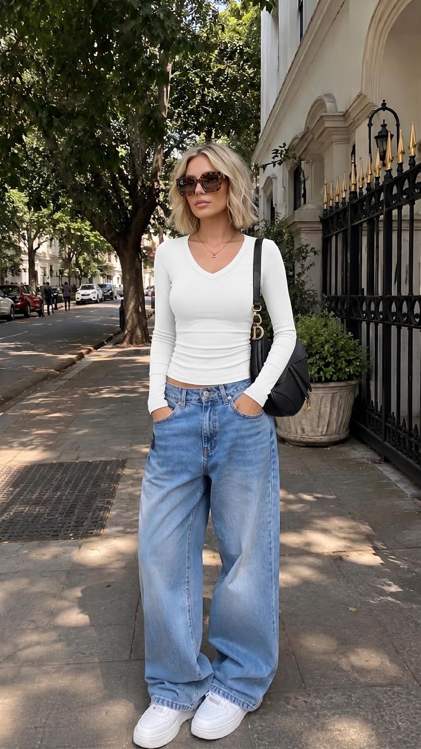 image:imageZeagoo Long Sleeve Shirts for Women V Neck Tops Ribbed Slim Fit Basic TeeWhite