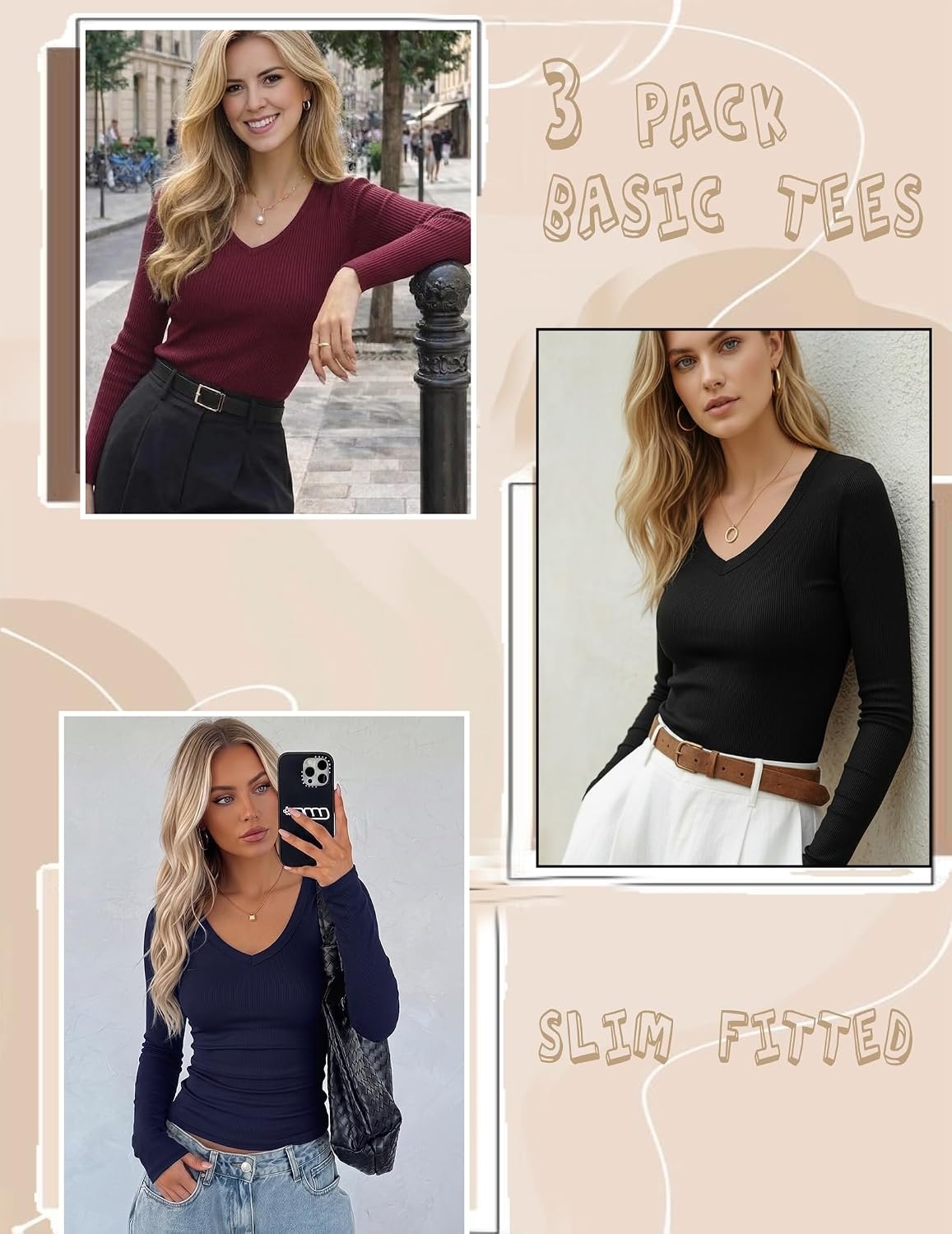 image:imageZeagoo Long Sleeve Shirts for Women V Neck Tops Ribbed Slim Fit Basic TeeZblacknavywine