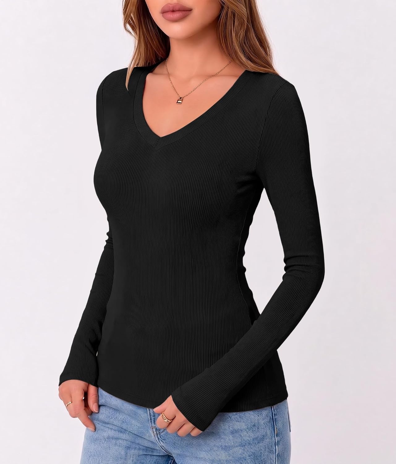 image:imageZeagoo Long Sleeve Shirts for Women V Neck Tops Ribbed Slim Fit Basic TeeZblackwhitebeige