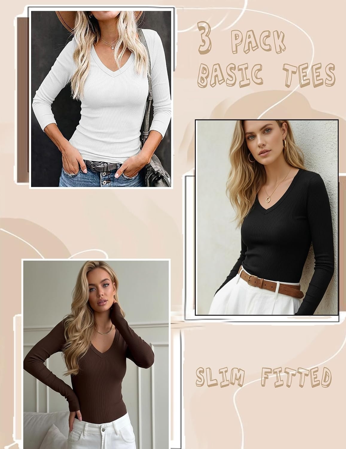 image:imageZeagoo Long Sleeve Shirts for Women V Neck Tops Ribbed Slim Fit Basic TeeZblackwhitebrown