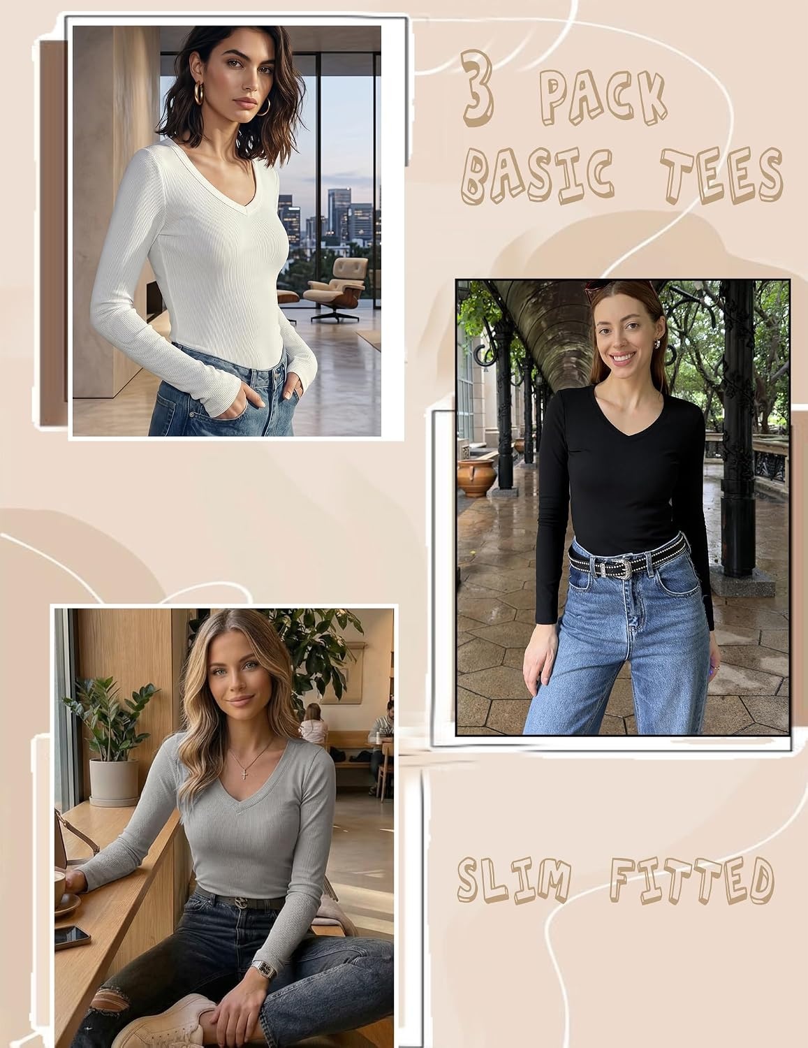 image:imageZeagoo Long Sleeve Shirts for Women V Neck Tops Ribbed Slim Fit Basic TeeZblackwhitegrey