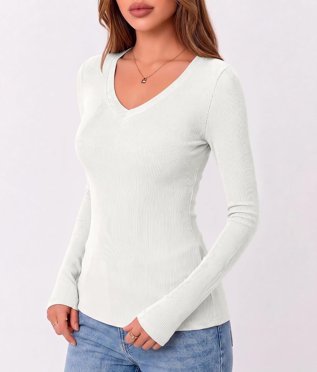 image:imageZeagoo Long Sleeve Shirts for Women V Neck Tops Ribbed Slim Fit Basic TeeZblackwhitegrey