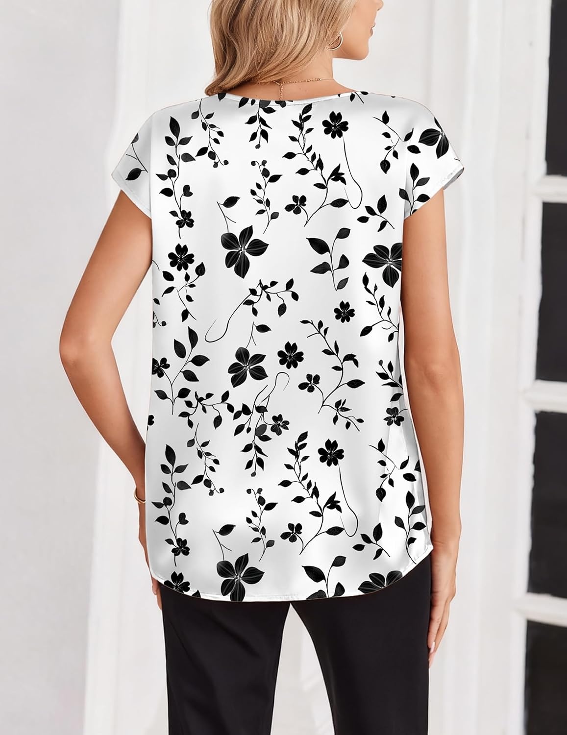 image:imageZeagoo Women Satin V Neck Blouse Cap Short Sleeve Business Casual Top S2XLSf291