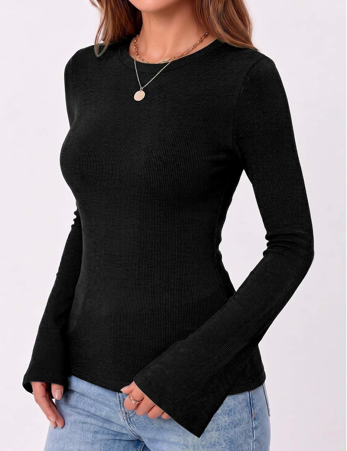 image:imageZeagoo Womens Bell Long Sleeve Tops Crewneck Ribbed Knit ShirtsBlack