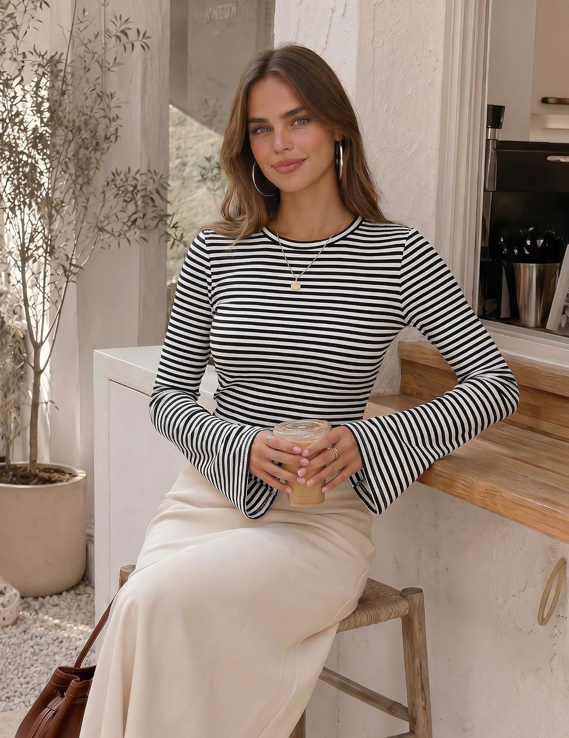 image:imageZeagoo Womens Bell Long Sleeve Tops Crewneck Ribbed Knit ShirtsBlack White Stripe