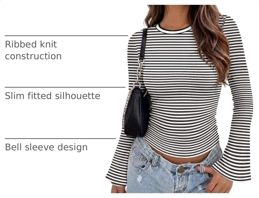 image:imageZeagoo Womens Bell Long Sleeve Tops Crewneck Ribbed Knit ShirtsBlack White Stripe