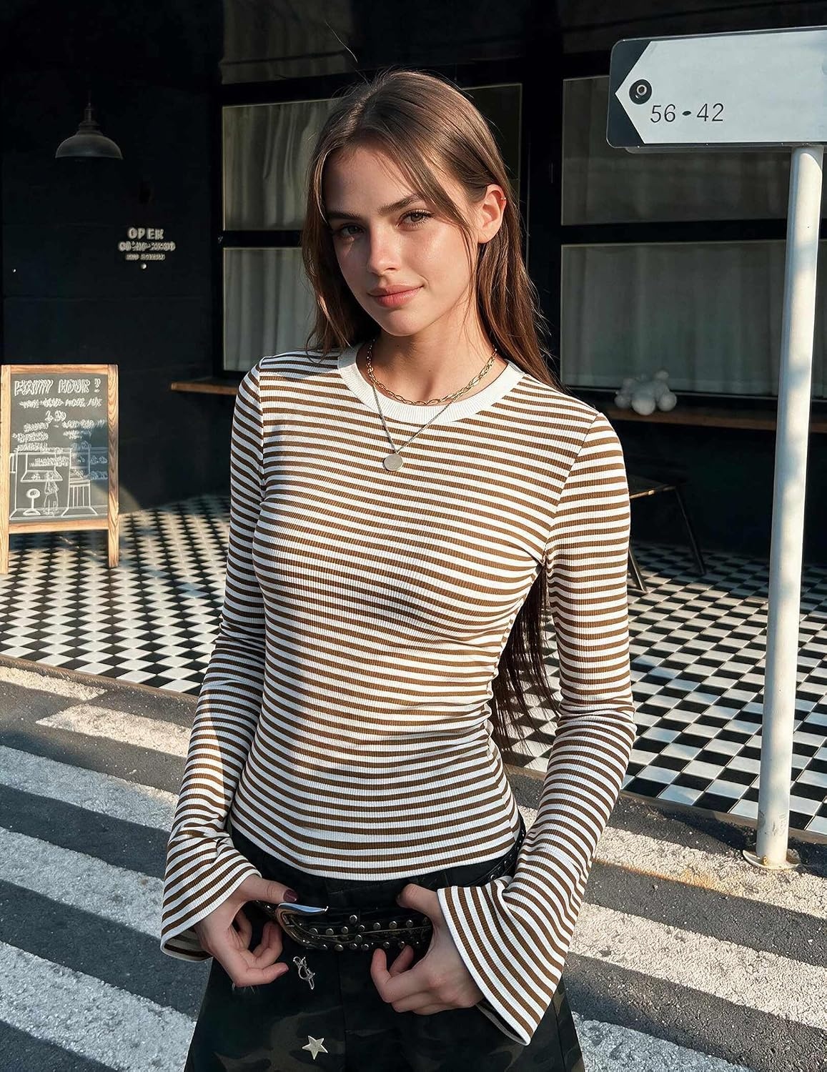 image:imageZeagoo Womens Bell Long Sleeve Tops Crewneck Ribbed Knit ShirtsBrown White Stripe