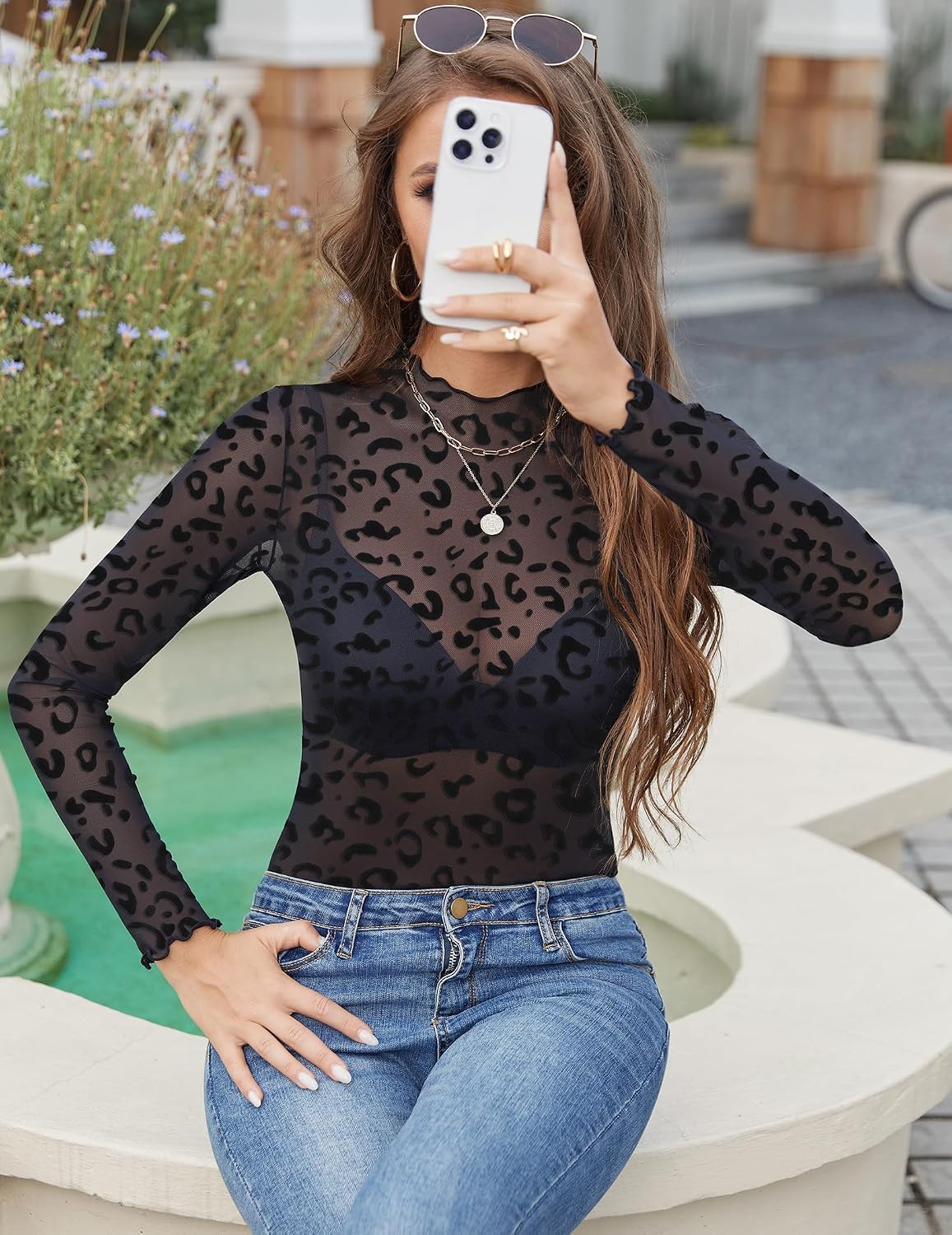 image:imageZeagoo Womens Mesh Long Sleeve Tops Mock Neck Going Out See Through ShirtsAn59