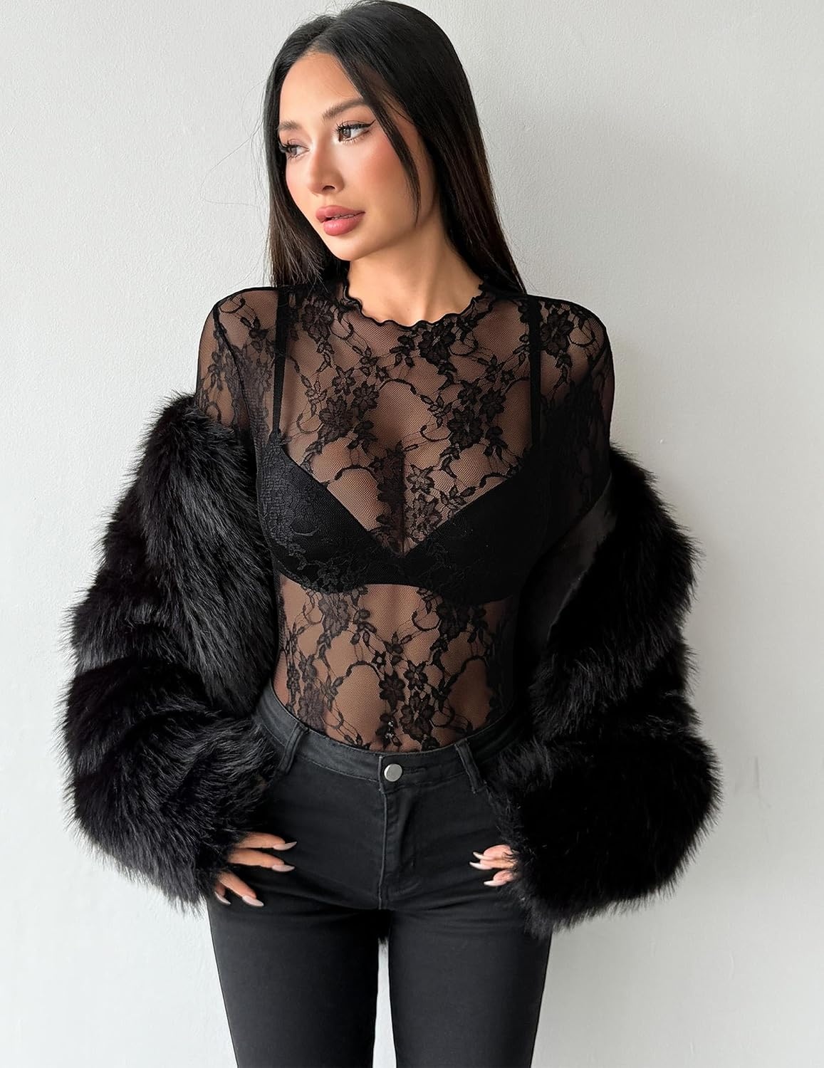 image:imageZeagoo Womens Mesh Long Sleeve Tops Mock Neck Going Out See Through ShirtsBblack