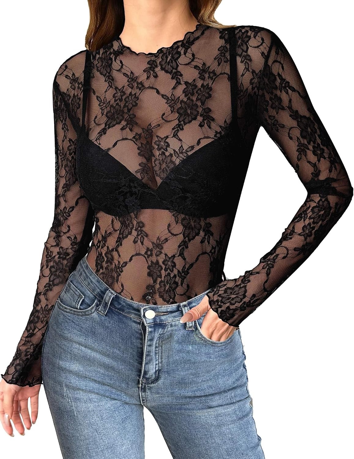 image:imageZeagoo Womens Mesh Long Sleeve Tops Mock Neck Going Out See Through ShirtsBblack