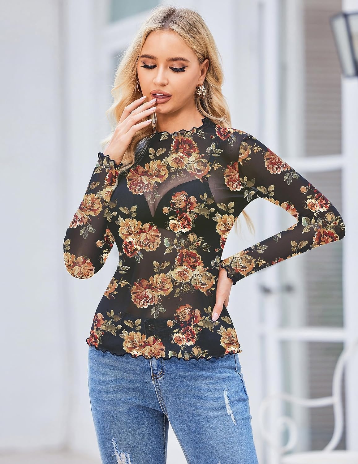 image:imageZeagoo Womens Mesh Long Sleeve Tops Mock Neck Going Out See Through ShirtsBf282