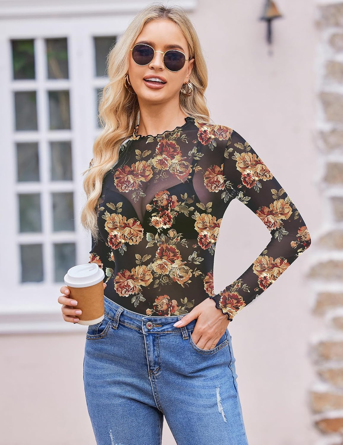 image:imageZeagoo Womens Mesh Long Sleeve Tops Mock Neck Going Out See Through ShirtsBf282