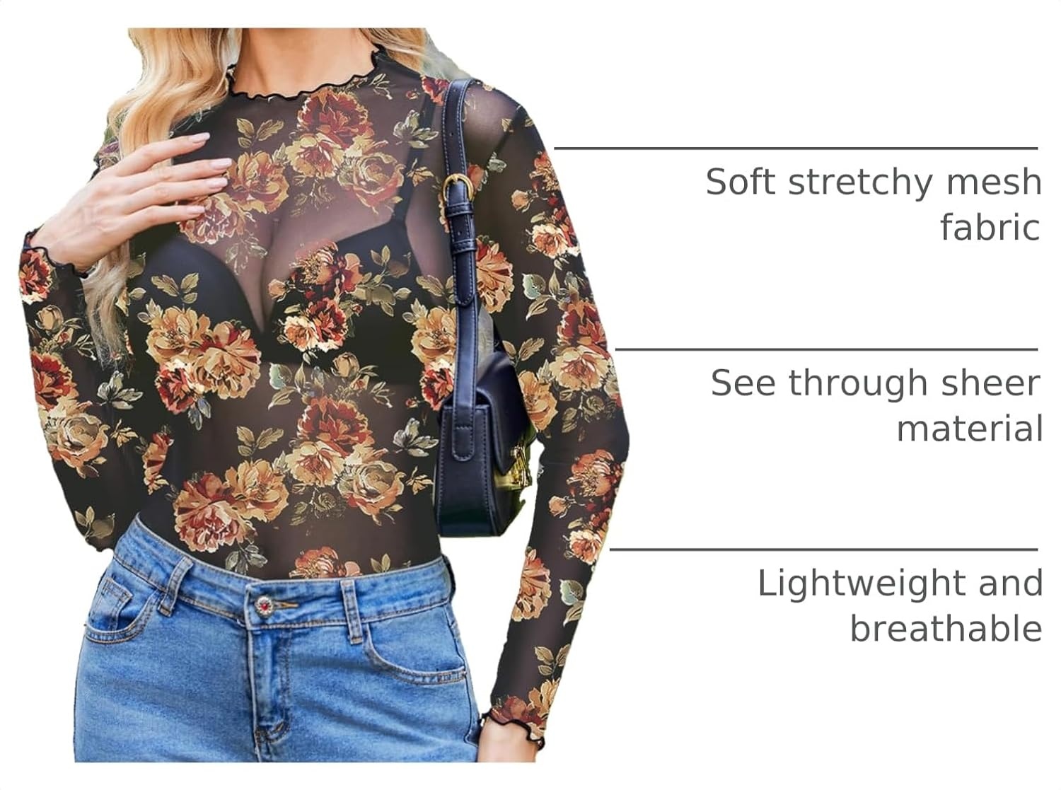 image:imageZeagoo Womens Mesh Long Sleeve Tops Mock Neck Going Out See Through ShirtsBf282