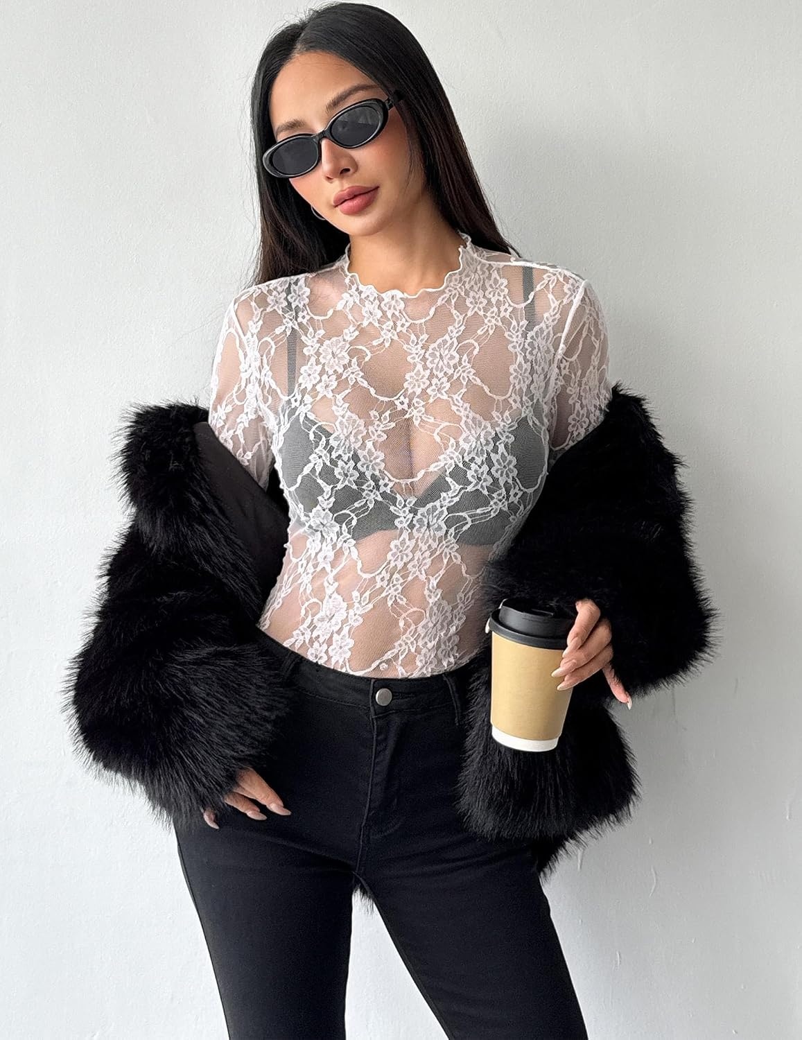 image:imageZeagoo Womens Mesh Long Sleeve Tops Mock Neck Going Out See Through ShirtsBwhite