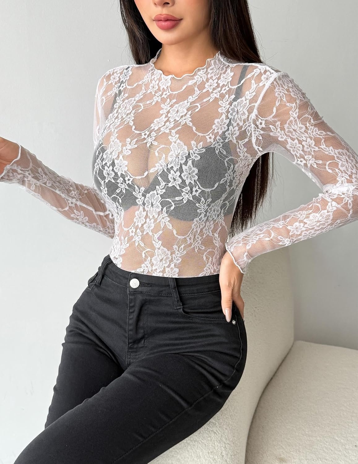 image:imageZeagoo Womens Mesh Long Sleeve Tops Mock Neck Going Out See Through ShirtsBwhite