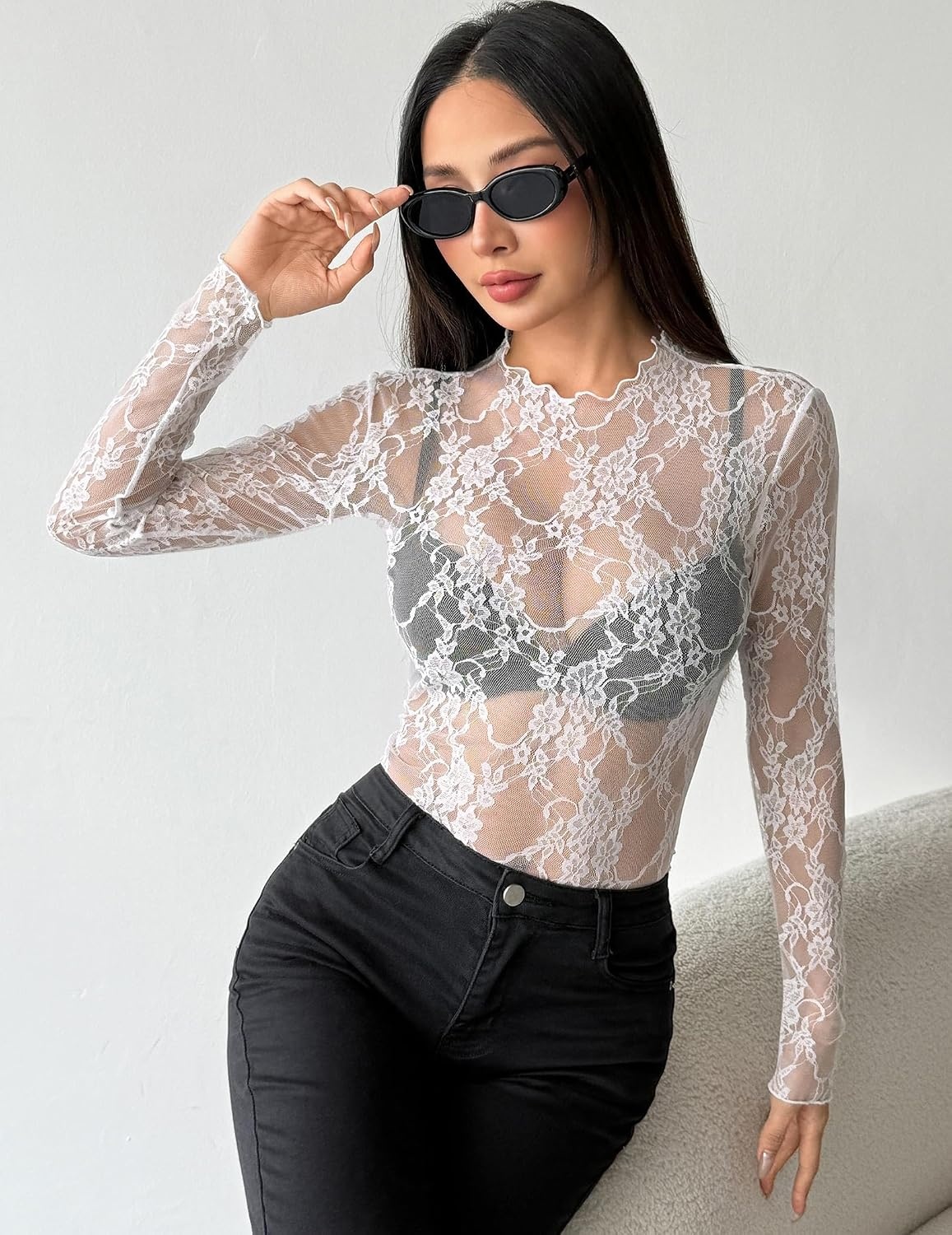 image:imageZeagoo Womens Mesh Long Sleeve Tops Mock Neck Going Out See Through ShirtsBwhite