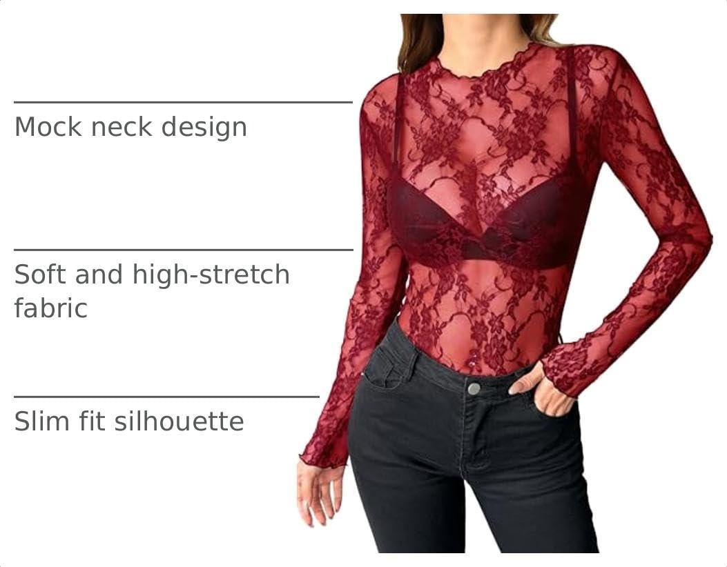 image:imageZeagoo Womens Mesh Long Sleeve Tops Mock Neck Going Out See Through ShirtsBwine Red