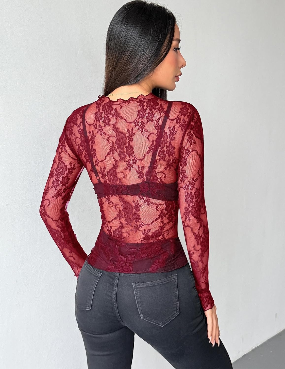 image:imageZeagoo Womens Mesh Long Sleeve Tops Mock Neck Going Out See Through ShirtsBwine Red