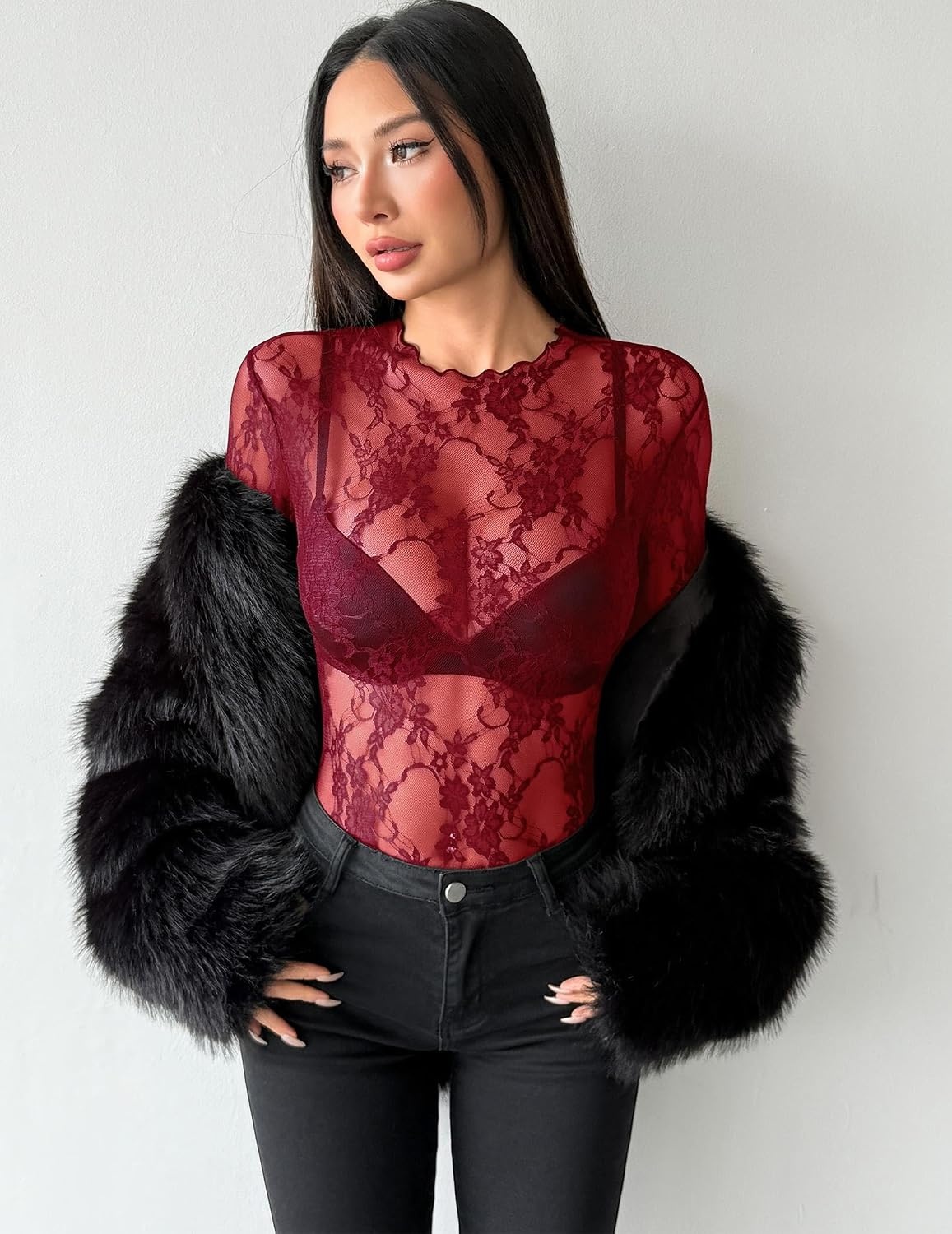 image:imageZeagoo Womens Mesh Long Sleeve Tops Mock Neck Going Out See Through ShirtsBwine Red