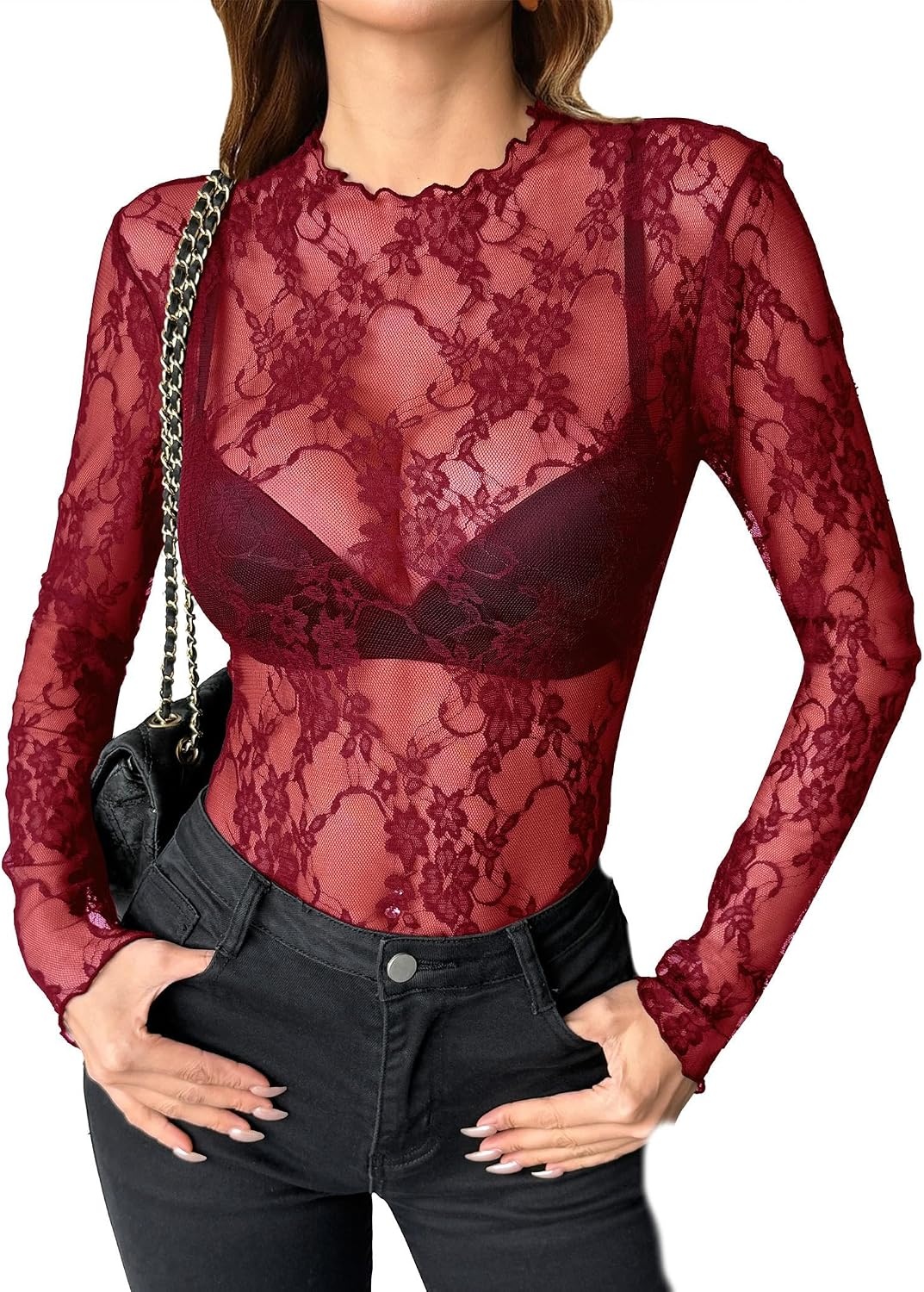 image:imageZeagoo Womens Mesh Long Sleeve Tops Mock Neck Going Out See Through ShirtsBwine Red