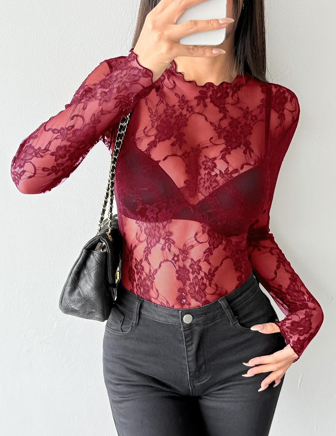 image:imageZeagoo Womens Mesh Long Sleeve Tops Mock Neck Going Out See Through ShirtsBwine Red