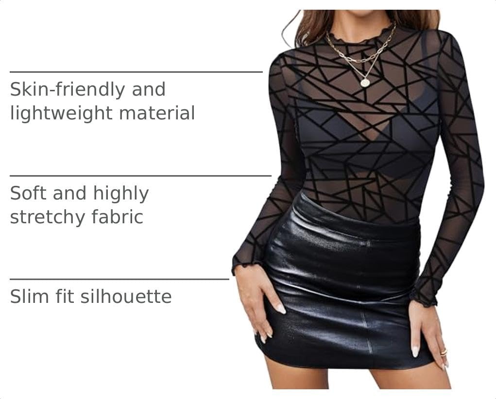 image:imageZeagoo Womens Mesh Long Sleeve Tops Mock Neck Going Out See Through ShirtsJh255