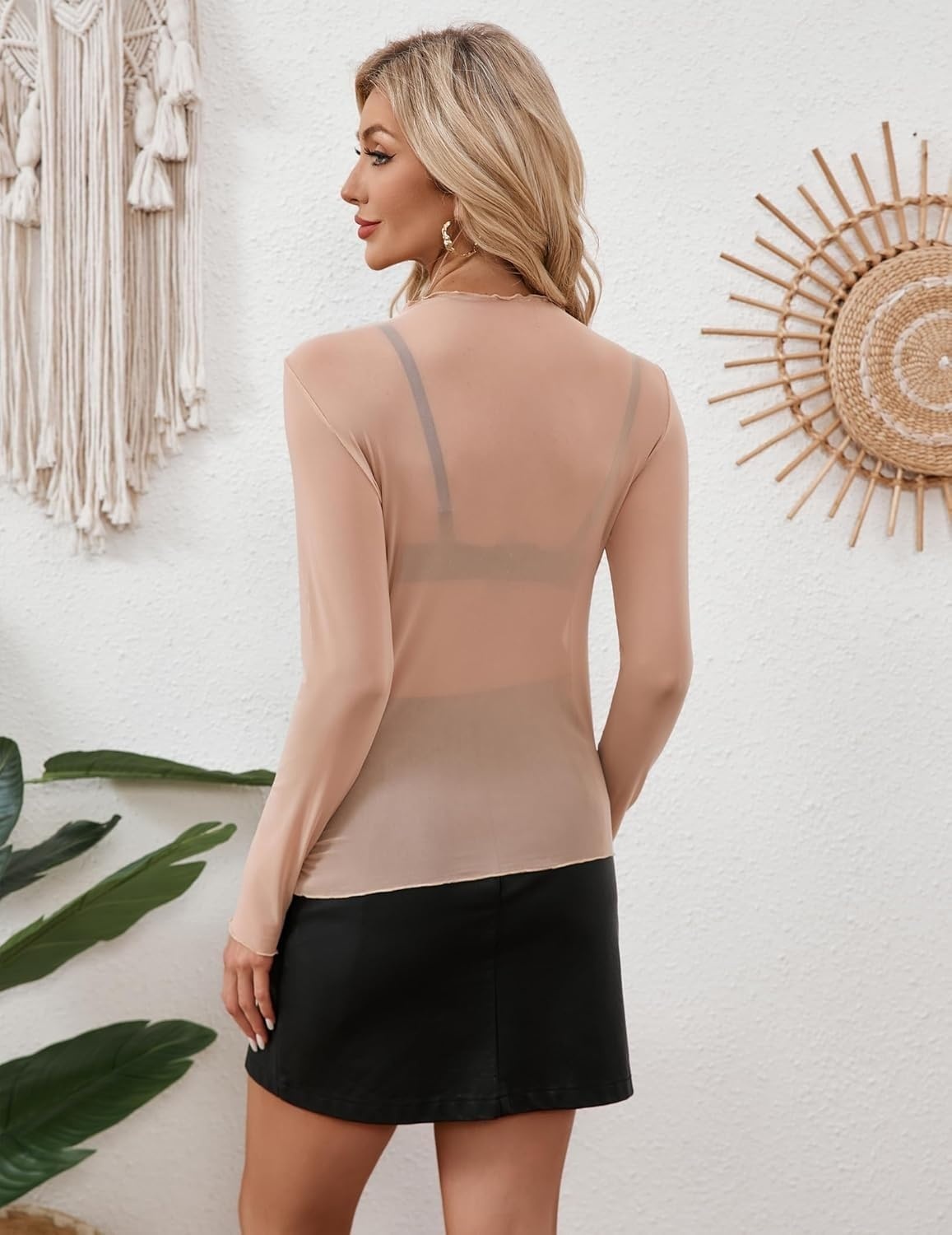 image:imageZeagoo Womens Mesh Long Sleeve Tops Mock Neck Going Out See Through ShirtsLight Tan