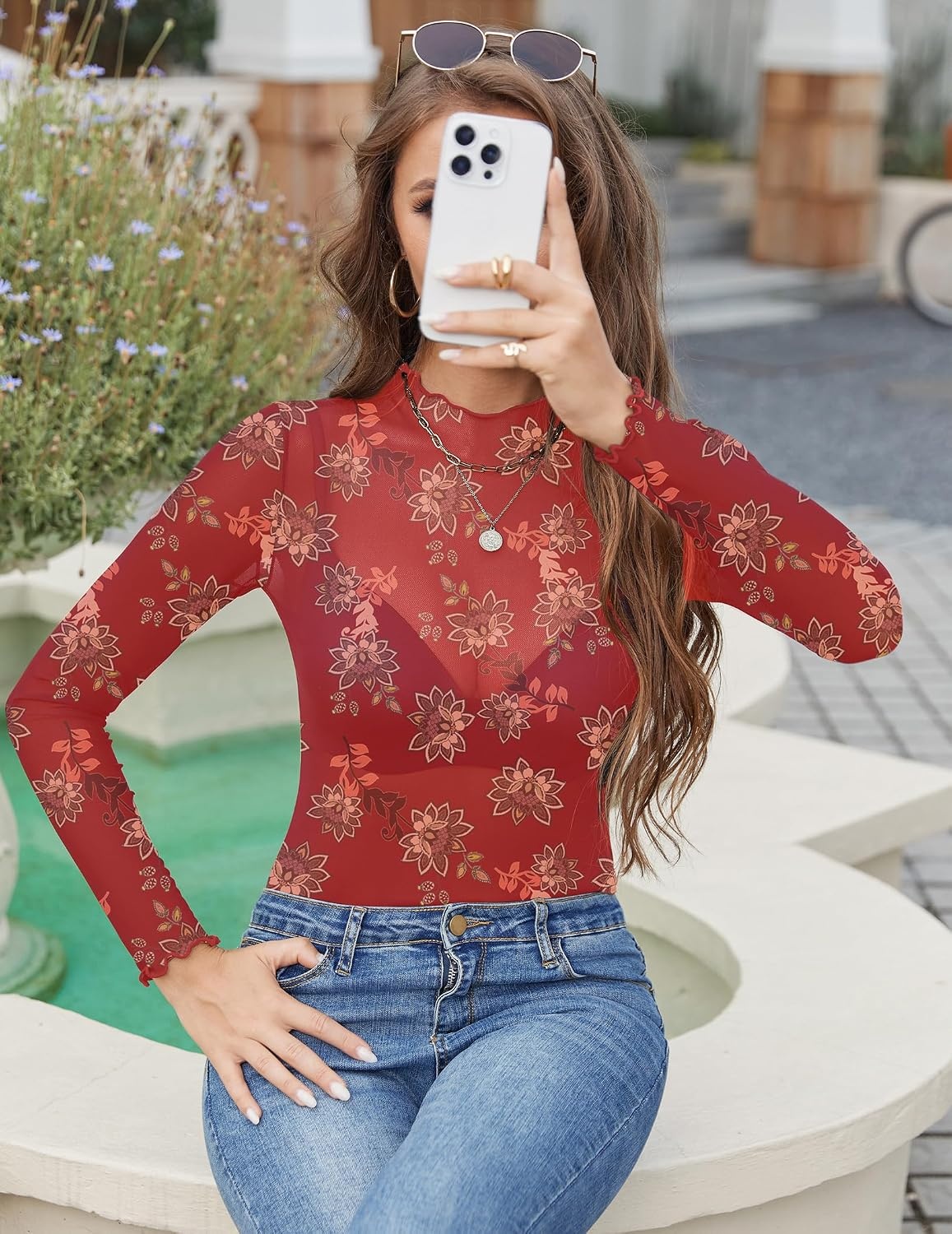 image:imageZeagoo Womens Mesh Long Sleeve Tops Mock Neck Going Out See Through ShirtsSf328