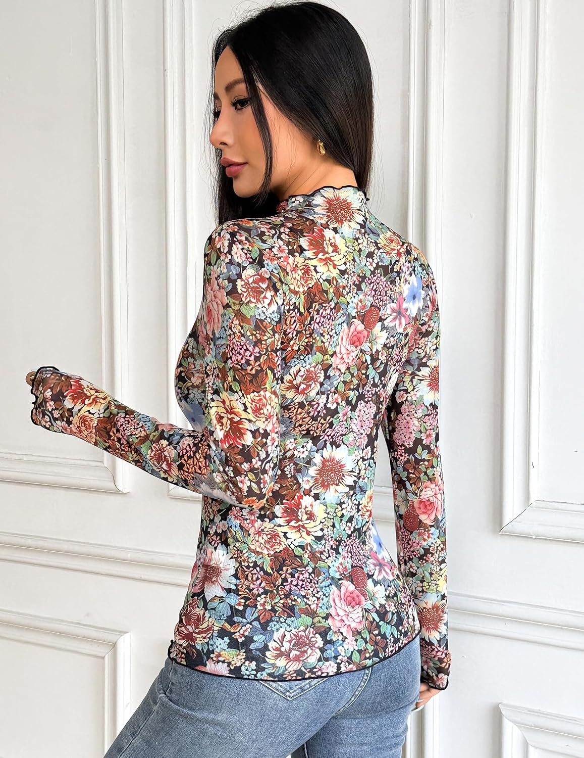image:imageZeagoo Womens Mesh Long Sleeve Tops Mock Neck Going Out See Through ShirtsWf66