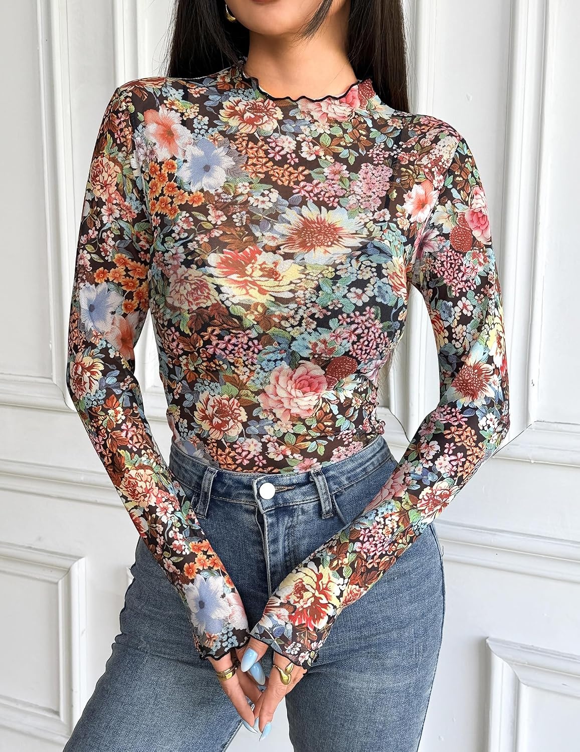 image:imageZeagoo Womens Mesh Long Sleeve Tops Mock Neck Going Out See Through ShirtsWf66