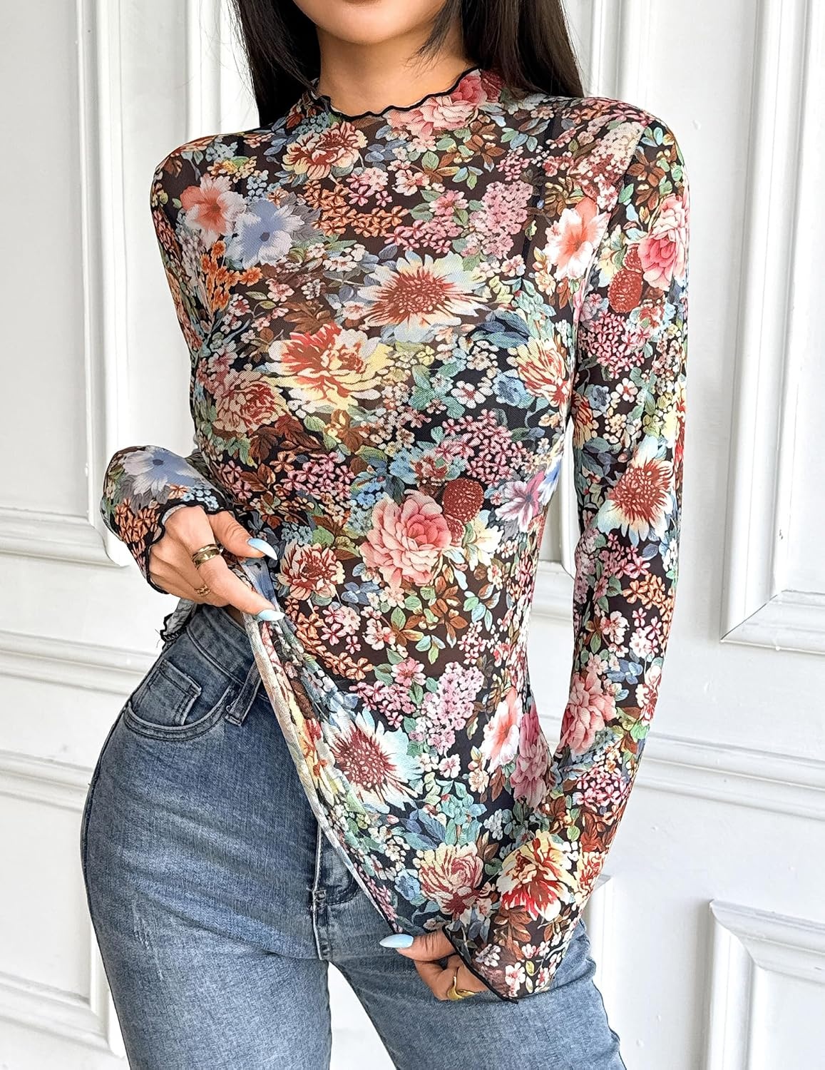 image:imageZeagoo Womens Mesh Long Sleeve Tops Mock Neck Going Out See Through ShirtsWf66