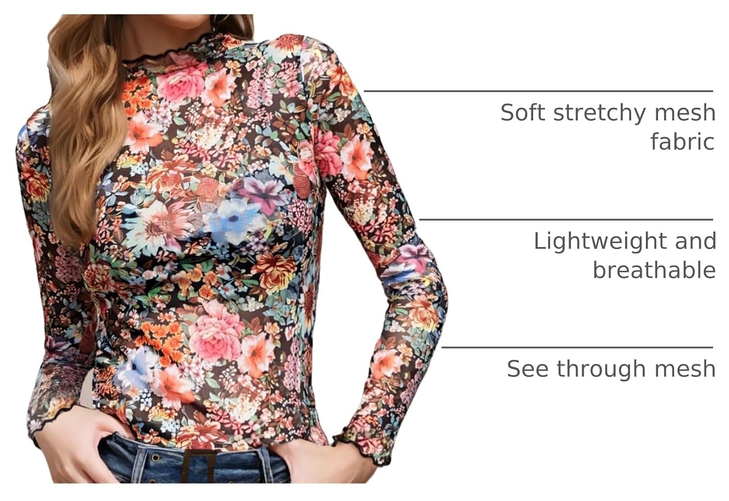 image:imageZeagoo Womens Mesh Long Sleeve Tops Mock Neck Going Out See Through ShirtsWf66