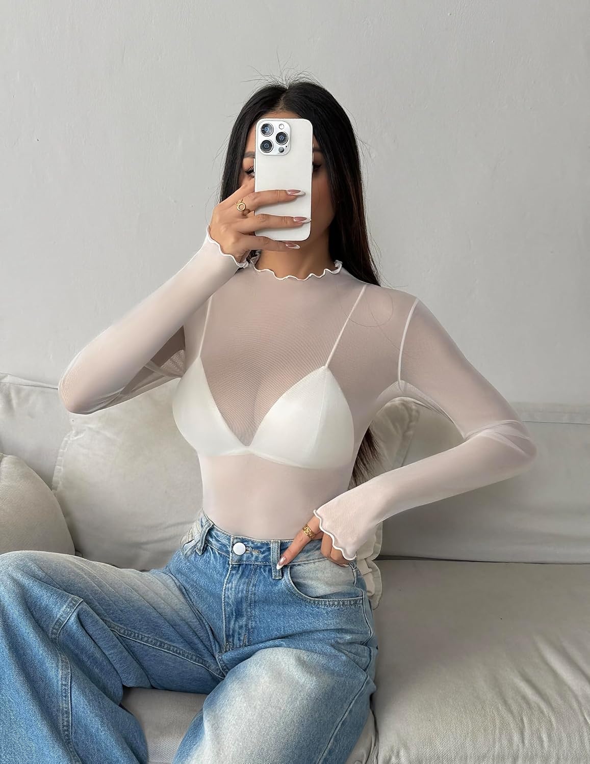 image:imageZeagoo Womens Mesh Long Sleeve Tops Mock Neck Going Out See Through ShirtsWhite