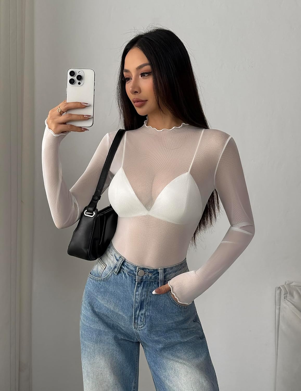image:imageZeagoo Womens Mesh Long Sleeve Tops Mock Neck Going Out See Through ShirtsWhite