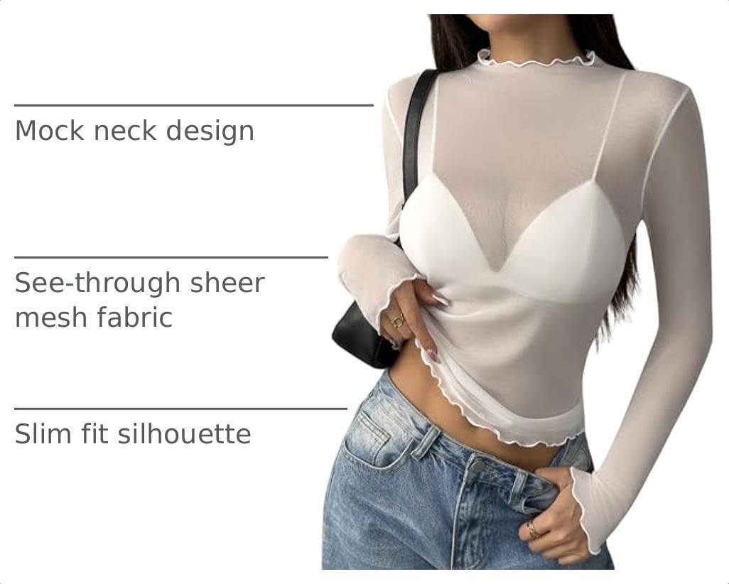 image:imageZeagoo Womens Mesh Long Sleeve Tops Mock Neck Going Out See Through ShirtsWhite