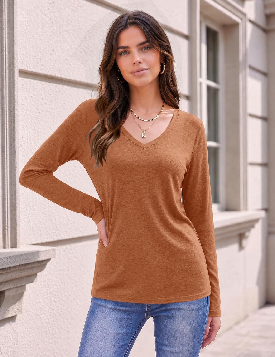 image:imageZeagoo Womens Shirts Long Sleeve Tops V Neck Casual Basic Tee Fall OutfitsRust Orange