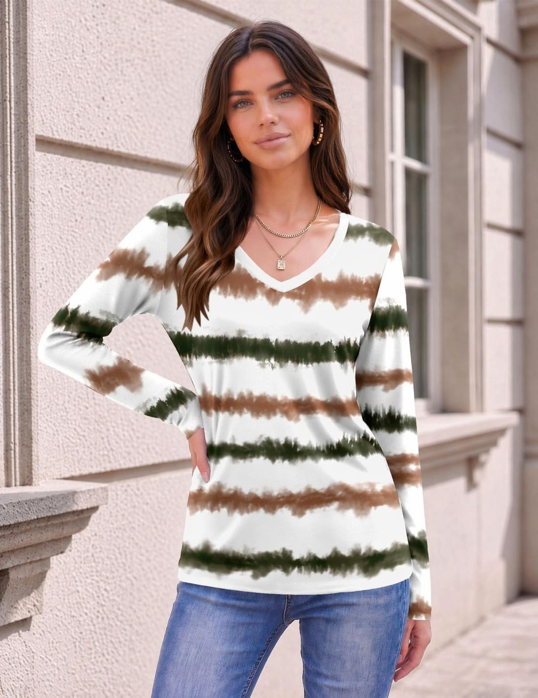 image:imageZeagoo Womens Shirts Long Sleeve Tops V Neck Casual Basic Tee Fall OutfitsTie Dye Stripe Print