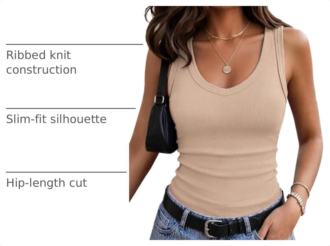 image:imageZeagoo Womens Tank Tops V Neck Ribbed Knit Slim Fit Basic Sleeveless TopsApricot