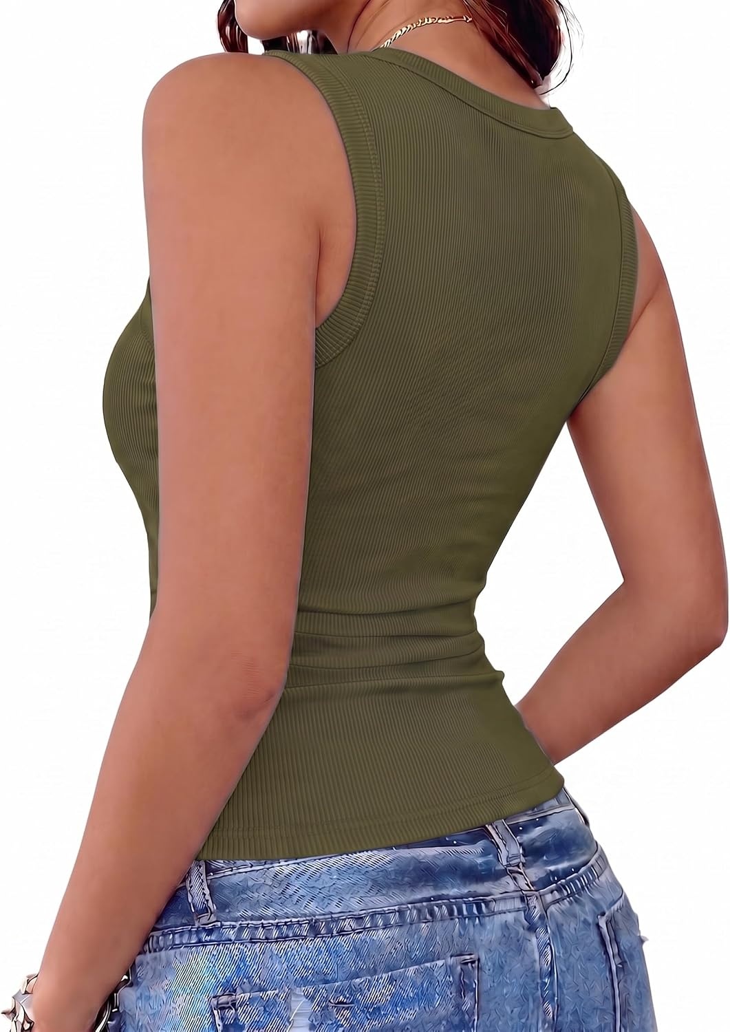 image:imageZeagoo Womens Tank Tops V Neck Ribbed Knit Slim Fit Basic Sleeveless TopsArmy Green