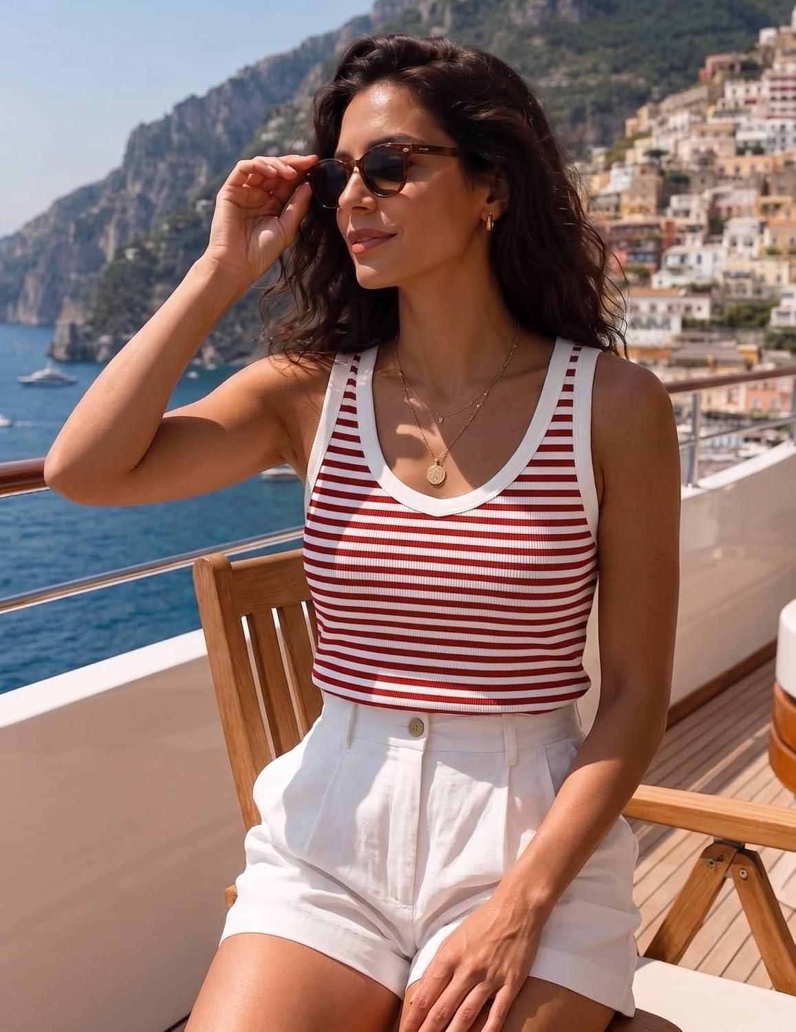 image:imageZeagoo Womens Tank Tops V Neck Ribbed Knit Slim Fit Basic Sleeveless TopsB Stripe Red White
