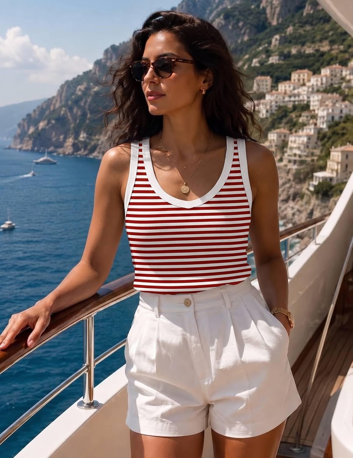 image:imageZeagoo Womens Tank Tops V Neck Ribbed Knit Slim Fit Basic Sleeveless TopsB Stripe Red White