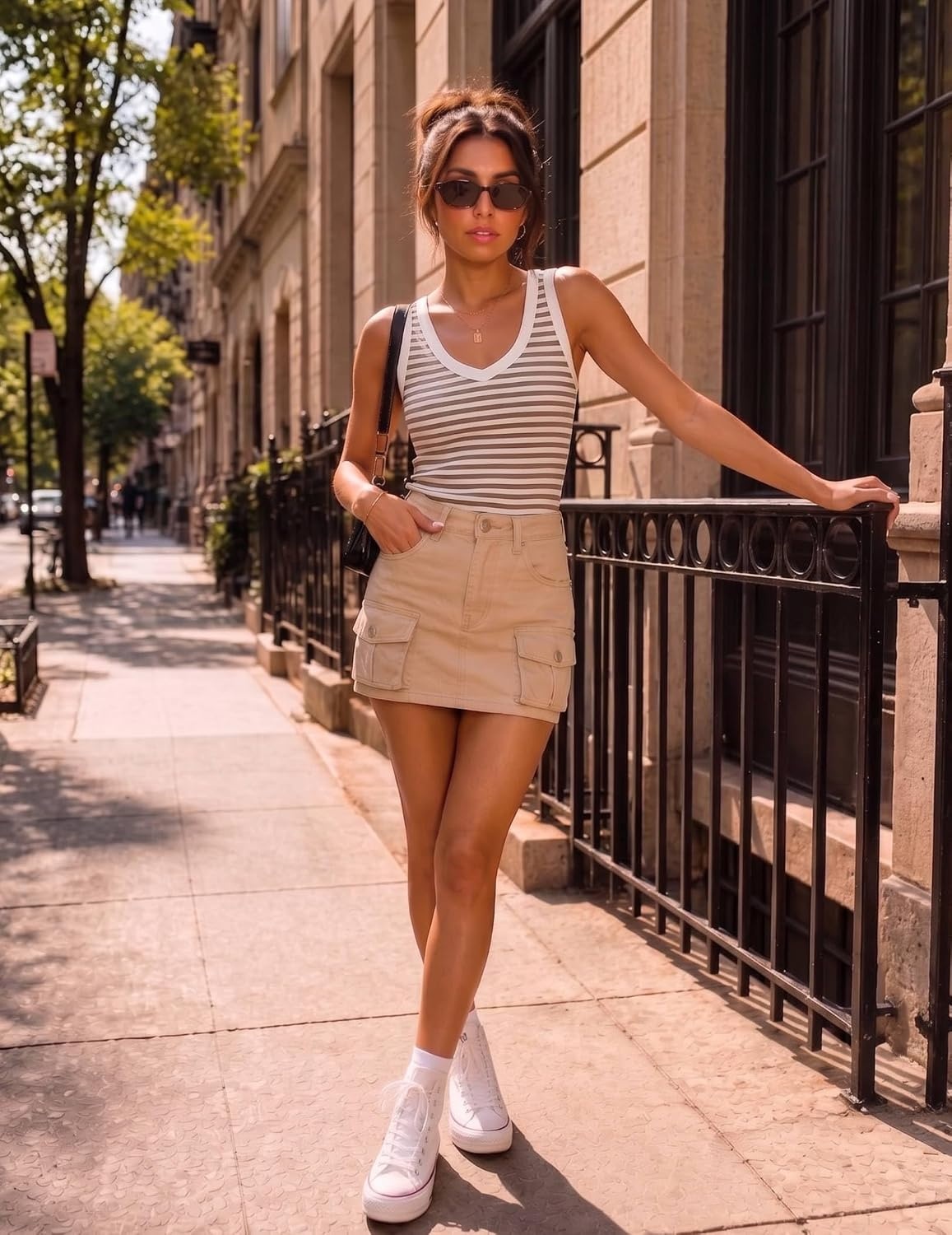 image:imageZeagoo Womens Tank Tops V Neck Ribbed Knit Slim Fit Basic Sleeveless TopsBstripe Brown White
