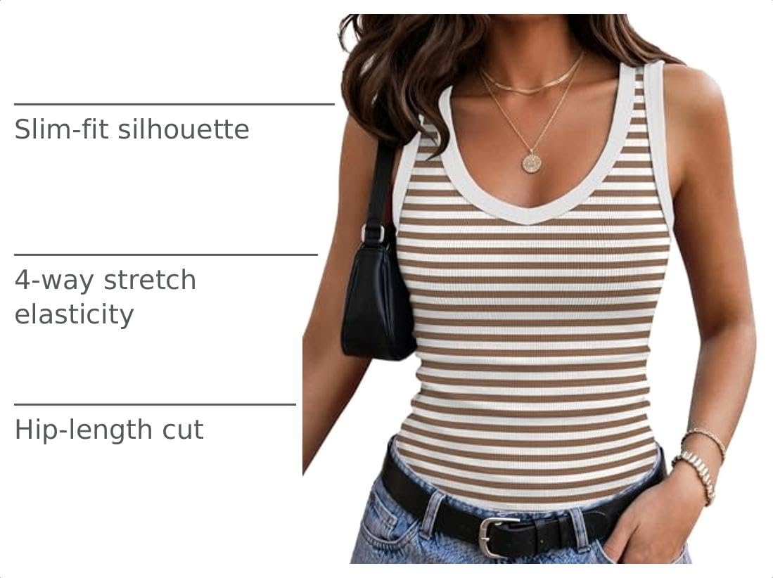image:imageZeagoo Womens Tank Tops V Neck Ribbed Knit Slim Fit Basic Sleeveless TopsBstripe Brown White